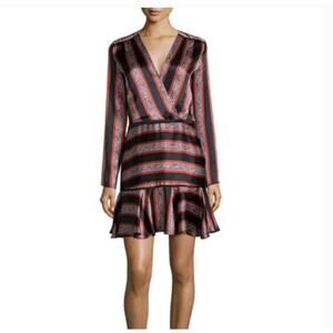 Veronica Beard Ivy Silk Flutter Hem Dress 2 Satin Black Red Stripe Glam Cocktail